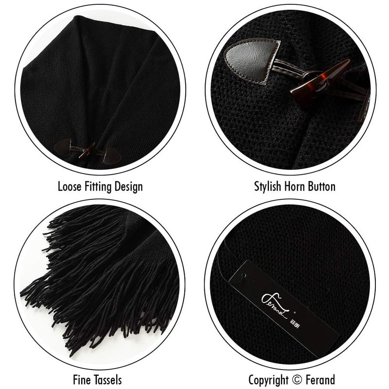 Ferand Womenâ€™s Loose Fitting Poncho Cape Shawl with Stylish Horn Buttons, V Neckline and V Hem, Black - Image 4